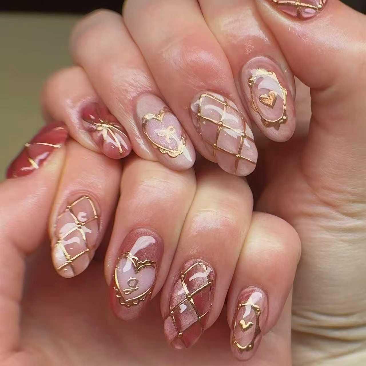 30pcs Gold Foil 3D French Heart Plaid Almond Nail Art Tips