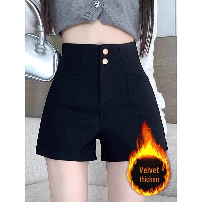 

Весенние черные флисовые брюки буткат с высокой посадкой и шорты А-силуэта, стройнящие фигуру, для женщин 3XL чёрный