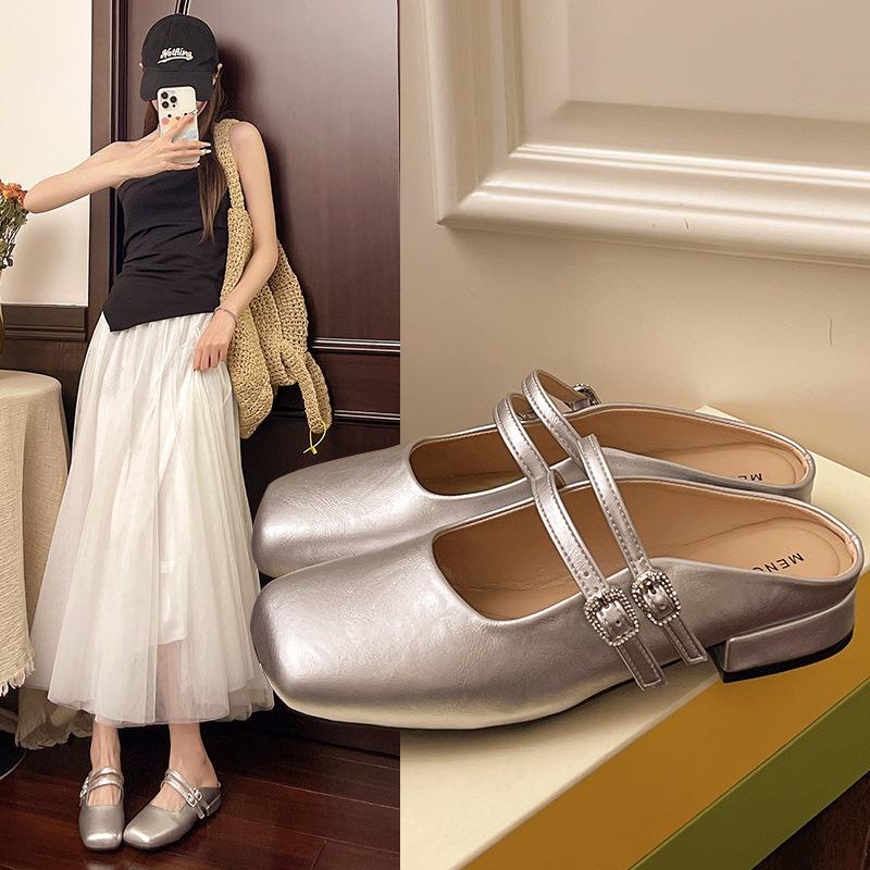 Mary Jane single shoes women's shoes new spring and summer temperament low heel bag head half slippers sandals
