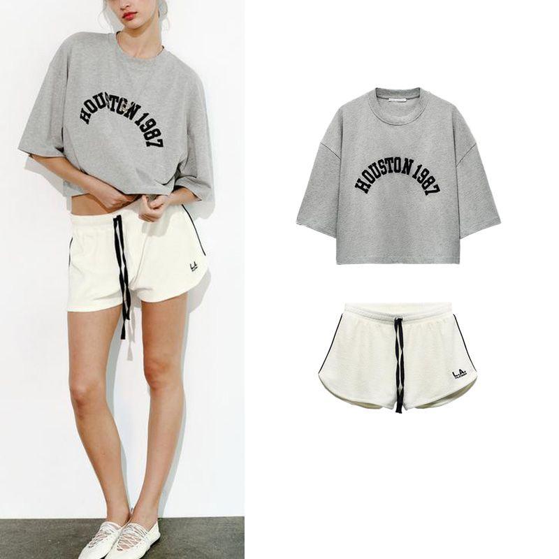 Spring New Arrival American Printing Loose Short T-shirt 0264344 Embroider Towel Effect Shorts 0264342