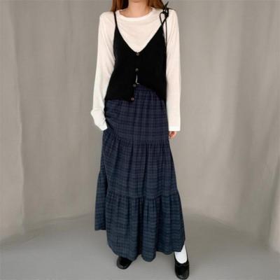 New Arrivals Open Run Women Classic Check Long Skirt Cotton Rayon