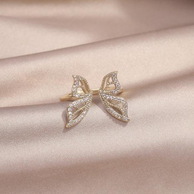 Korea  Design Fashion Jewelry 14K Real Gold plating Zircon Hollow Butterfly Ring Elegant Women's Daily Work Accessories