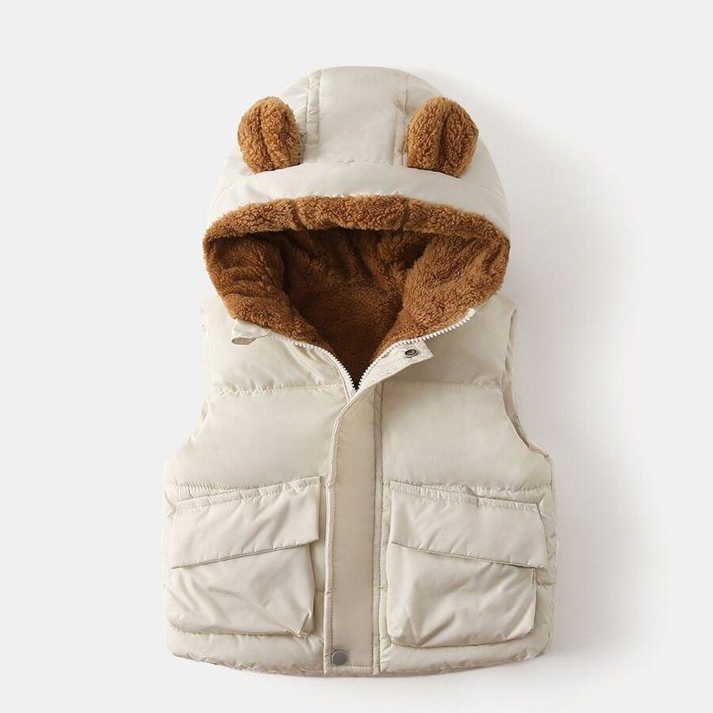 Thickened Cotton Coat for Boys and Girls, Winter Hooded Solid Color Fleece Vest, Cartoon Children's Clothing, Baby Cotton Jacket with Zipper