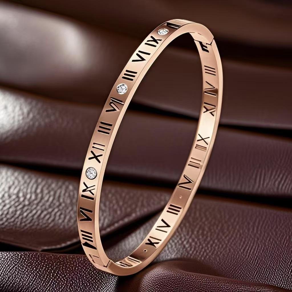 Roman Numeral Titanium Steel Luxury Bracelet with Gold-Plated Buckle for Women - Japanese Korean Design