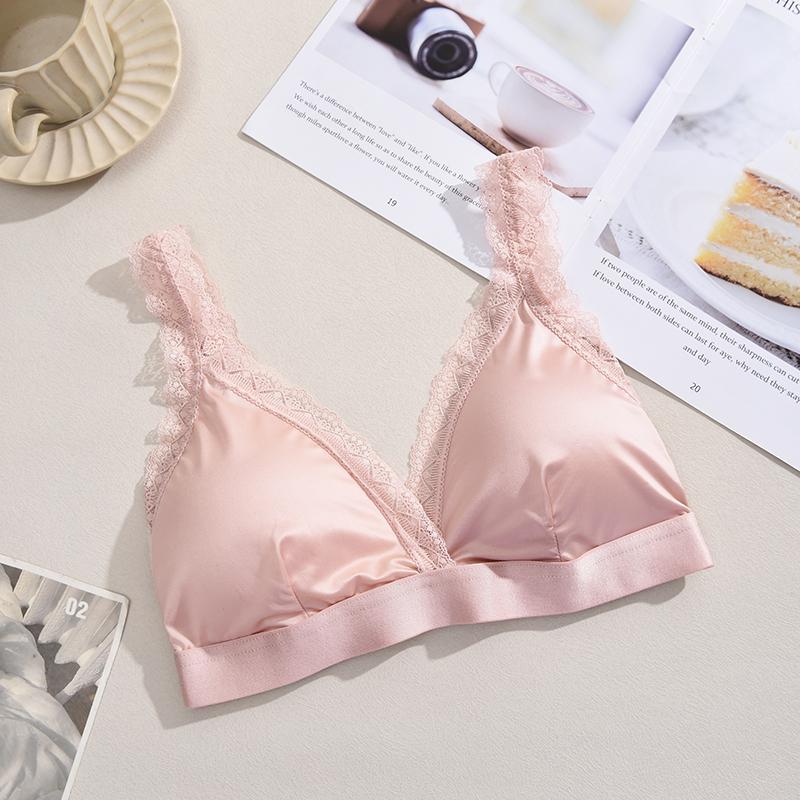 FINETOO 1Pcs Silk Lace Wireless French Triangle Cup Bralette Underwear Set Knitted Velvet Romantc Summer Thin Style Home Clothes