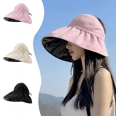 Chapeau de pêcheur pour femme été version coréenne chapeau double face en vinyle couvrant le visage large bord protection solaire chapeau haut vide avec visière pare-soleil en corde