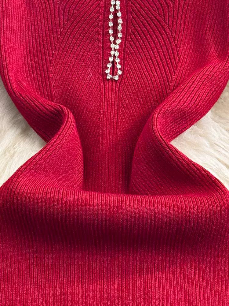 Autumn and Winter Long Sleeved Diamond Studded Square Collar with Cinched Waist for Slimming Effect Medium To Long Version Knitted Dress for Women