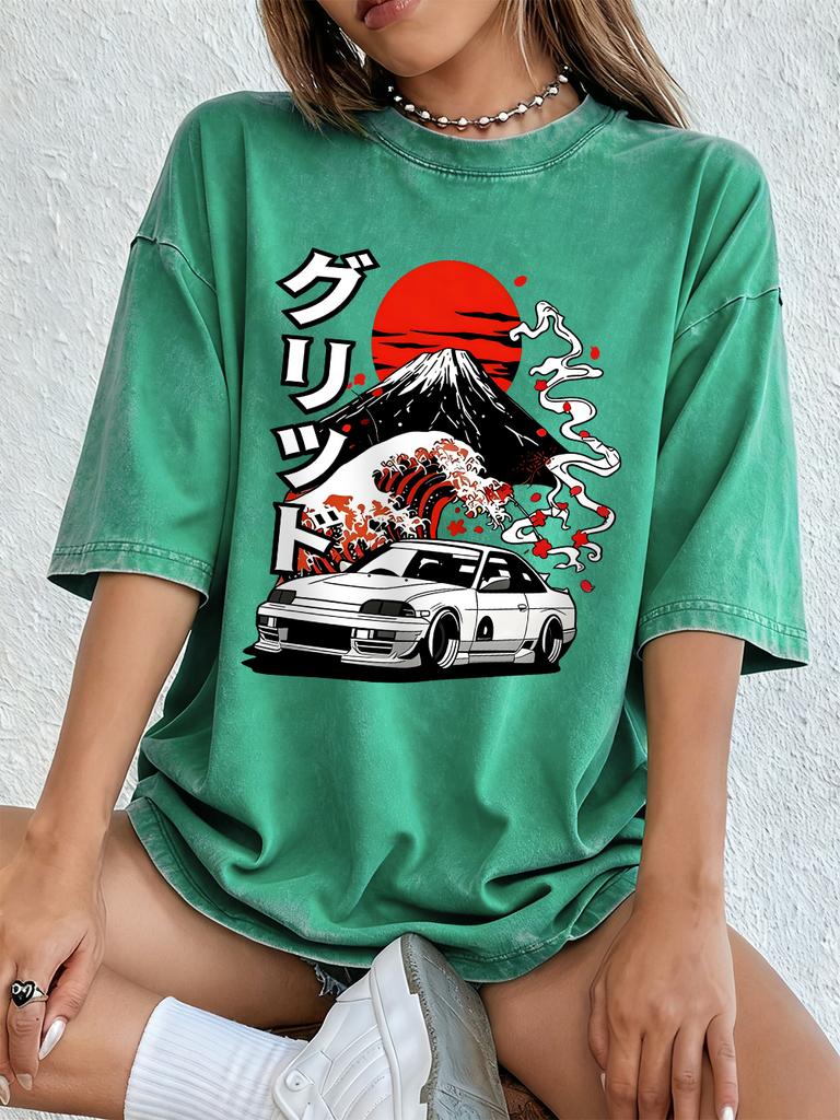 Nippon Jdm Car Grid Cotton Washed TShirts Women Summer Oversized T Shirt ONeck Comfortable Distressed Tops Basic Women Clothes