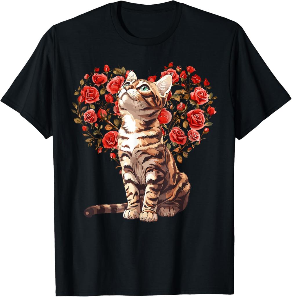 Bengal Cat Heart Rose Floral T-Shirt Cute Cat Lovers Casual Daily Graphic Tee