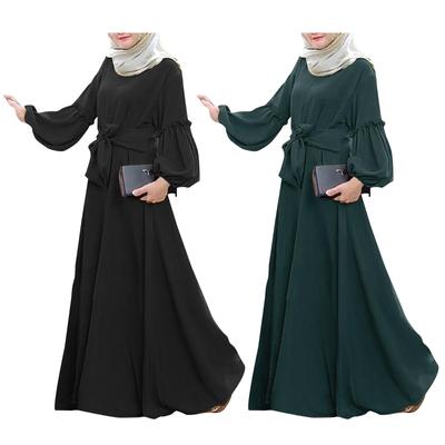 Muslim New Women's Solid Color Fashion Casual Long Sleeve Ruffle Dresses