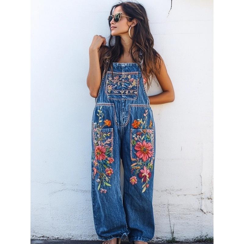 Overalls Sommer Damen Hosen Denim-Imitat Gerade geschnittene Hosen Vielseitige Lockere Gerade geschnittene Hosen 1D Digitaldruck