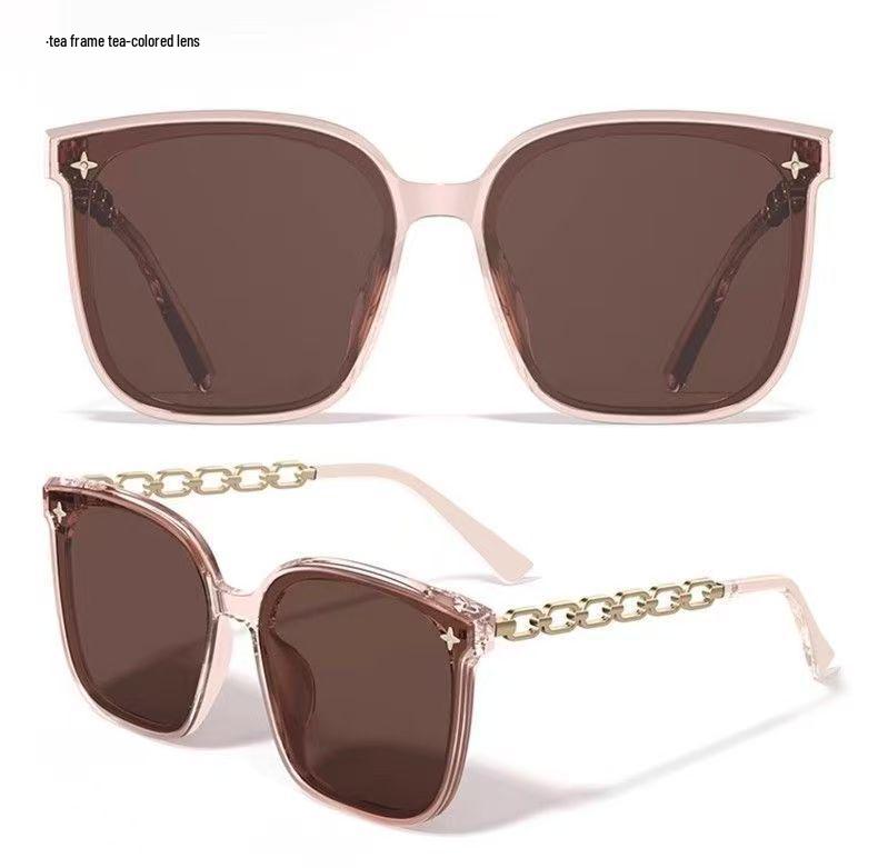 Women's High-End Large Square Frame Sunglasses with UV Protection and Stylish Chain Design