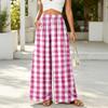 Women High Waist Wide Leg Pants Elastic Waistband Plaid Print Loose Fit Trousers with Pockets Casual Relaxed Style for Daily Wear