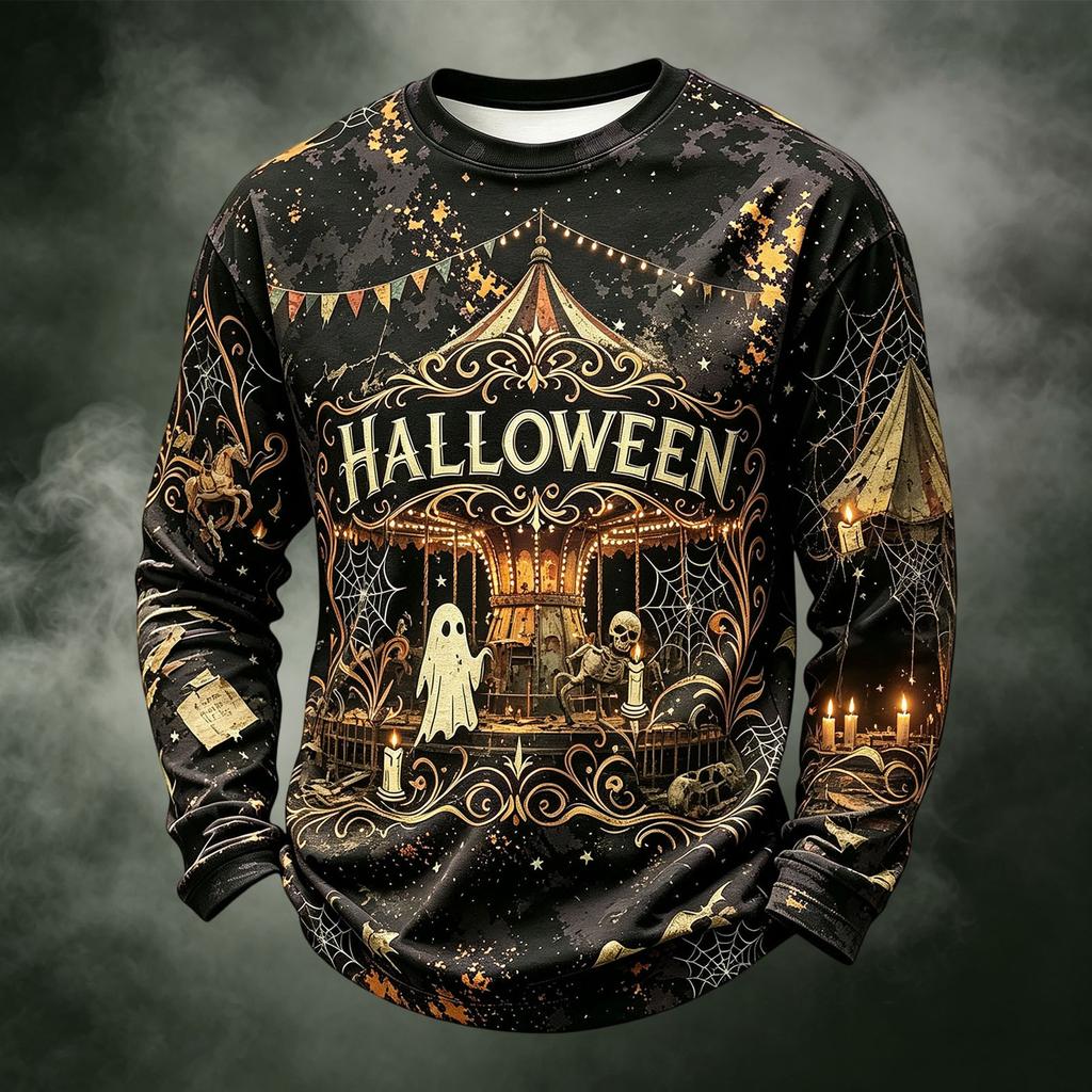 Men's Casual Knit Long Sleeve Neck T-Shirt with Halloween Print