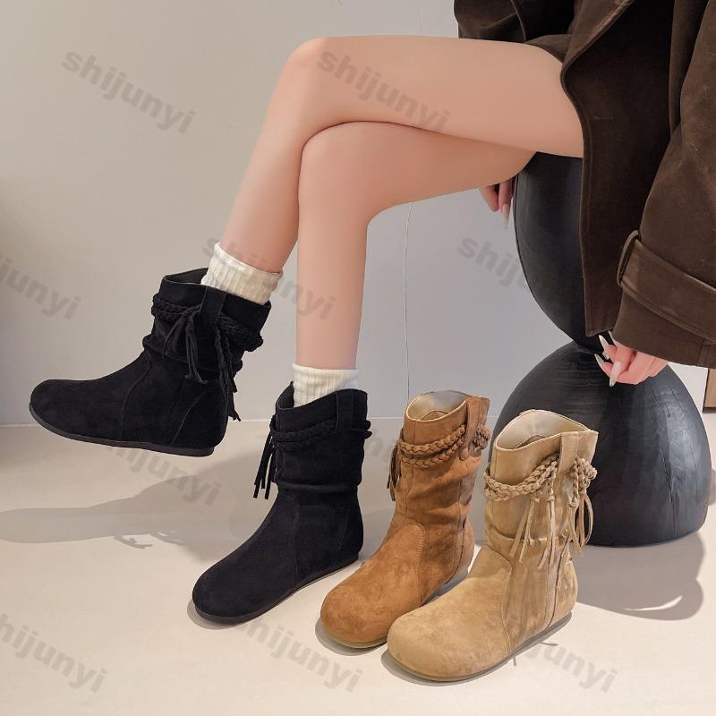 Fashion Women's Short Boots 2025 Autumn New Vintage Suede Casual Ankle Botas Women Solid Tassel Flat Bottom Females Shoes Botas Mujer