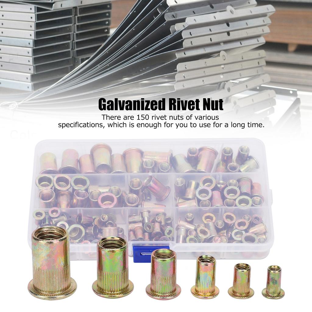 150pcs Galvanized Rivet Nut Set Mixed Insert Fastener Rivet Nut Threaded Hardware Parts