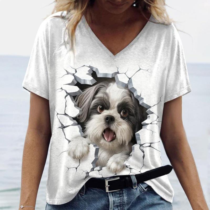 Sommer V-Ausschnitt 3D Tierdruck Top Modische Lässige Kurzarm Damen T-Shirts