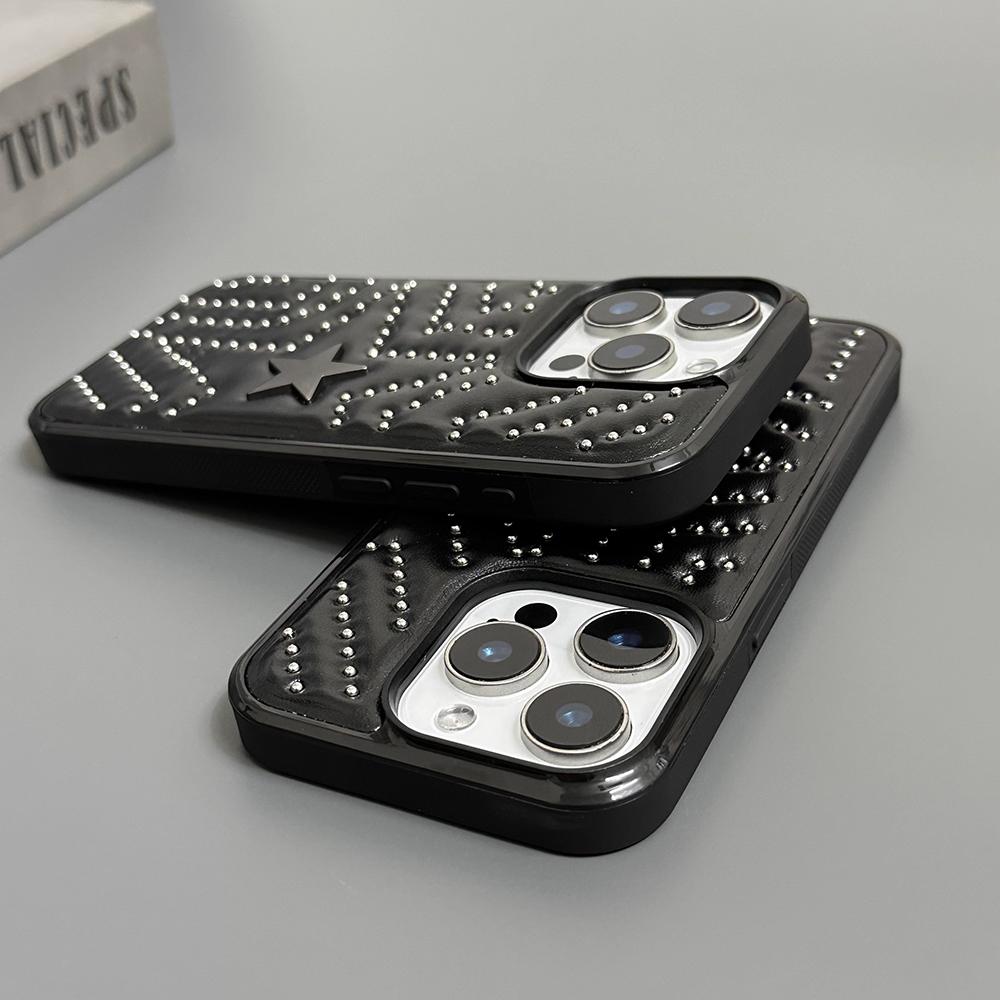 Fashion Silver Rivets Five-pointed Star Leather Shockproof Phone Cover Case for iPhone 17 16 15 14 Pro Max 13 Protective Case