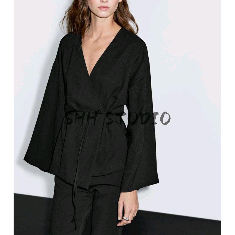 MD Early Autumn New Women Clothes New Chinese Style High Sense Black Drape V-neck Lace-up Shirts Top 5108709