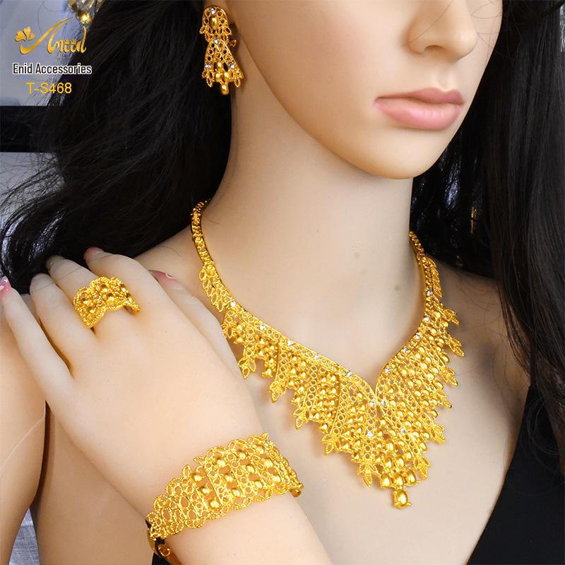 Indian Dubai Sand Gold Jewelry Set: Necklace, Bracelet, Ring & Earrings for Bridal Wedding.