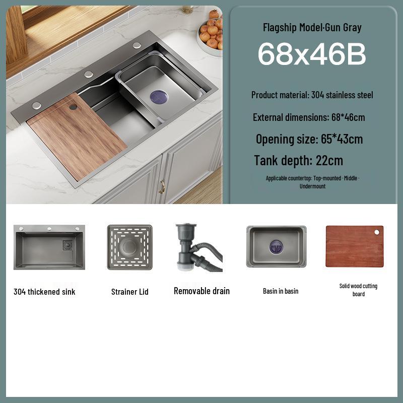 Black Nano 304 Stainless Steel Kitchen Sink: Large Single Bowl Vegetable Washing Basin