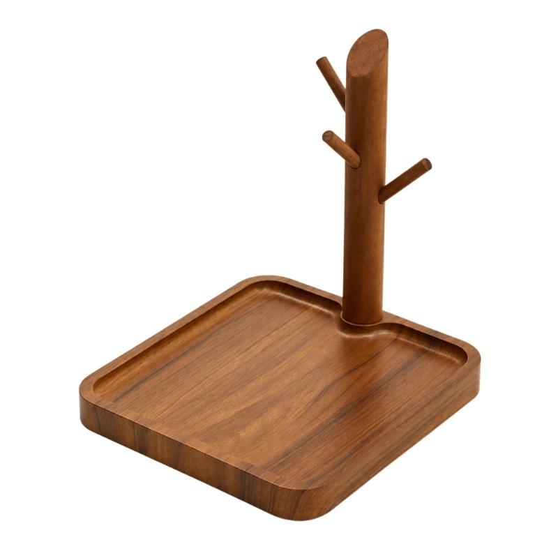 Entryway Key Holder and Jewelry Stand with Branched Hanging Pegs, Recessed Tray, and Removable Solid Wood Post