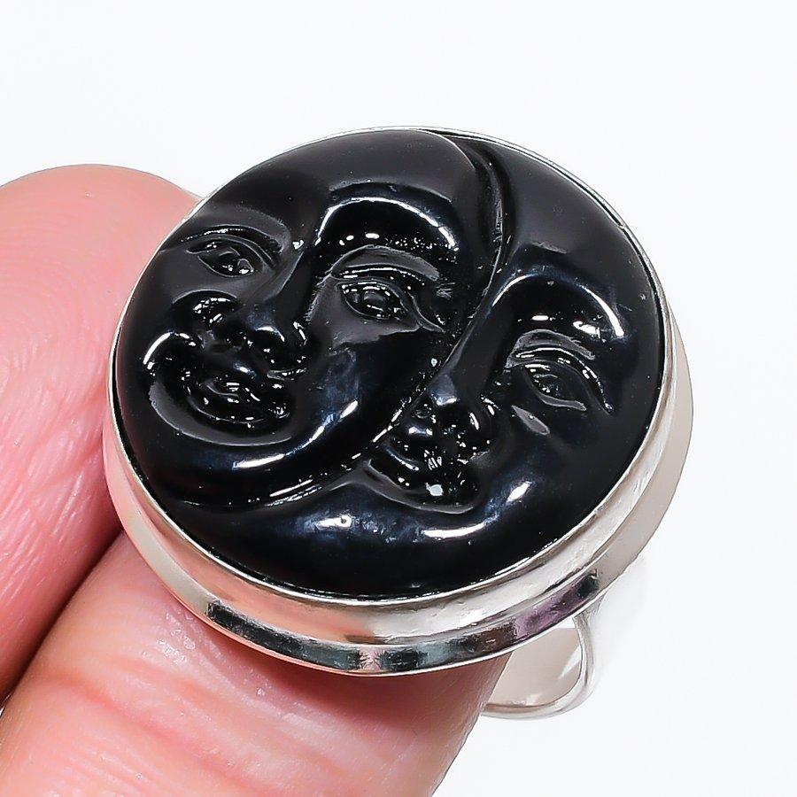 

Natural Black Camiyo Face Gemstone 925 Sterling Silver Jewelry Ring Size 10 E7Q41