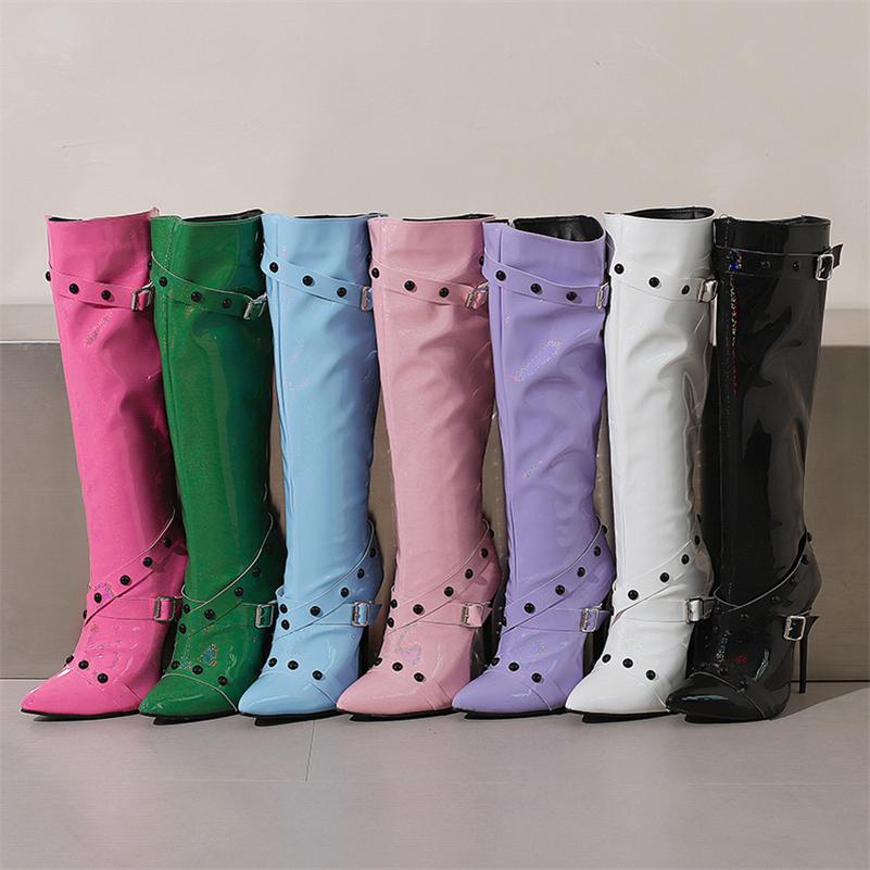 ANNYMOLI Women Knee High Boots Pointed Toe Thin High Heels Buckle Zipper Rivets Long Boots Ladies Fashion Shoes Autumn Winter 46