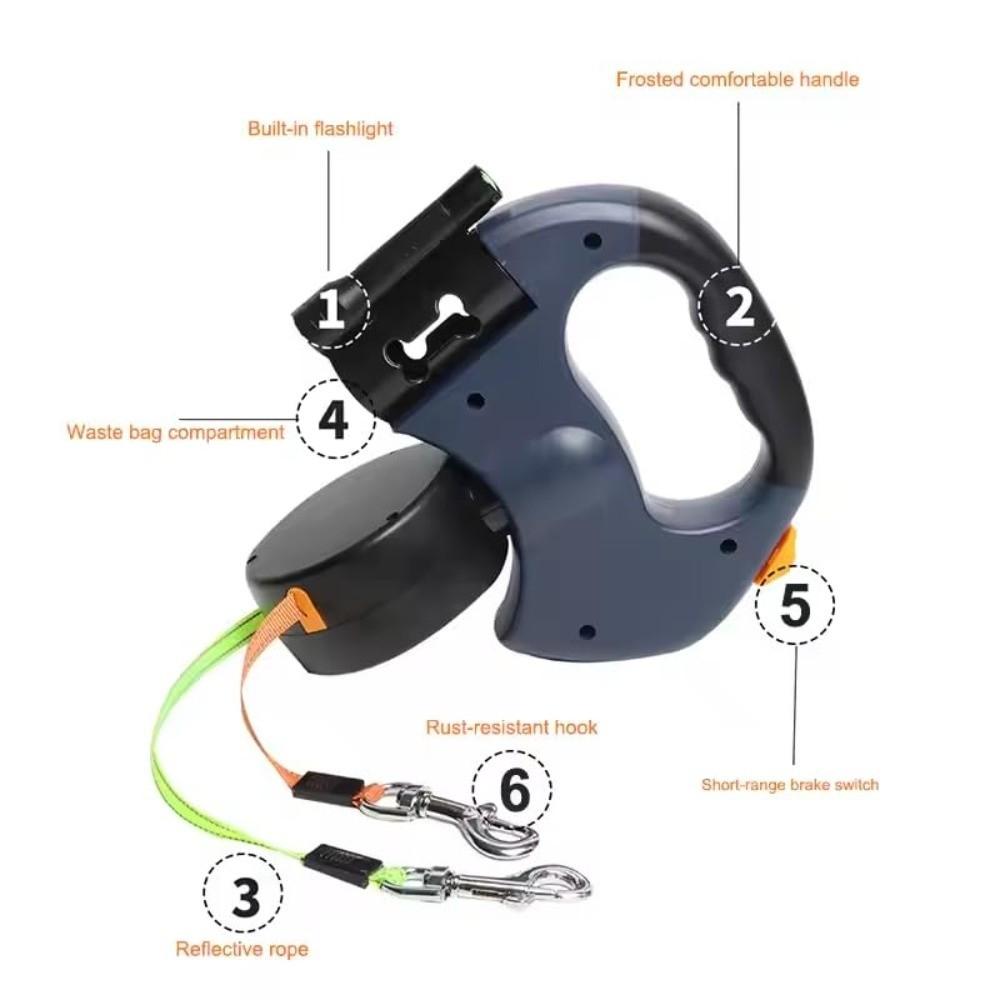With Flashlight Dual Dog Retractable Leash Poop Bag Holder Retractable Double Pet Leash LED Lights 360° Rotating