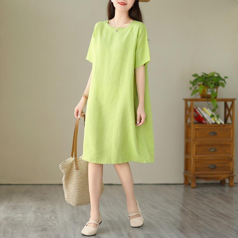 Women's Summer Lightweight Cotton Linen Dress, Japanese Minimalist Solid Color Round Neck Short Sleeve Loose Casual Midi Dress