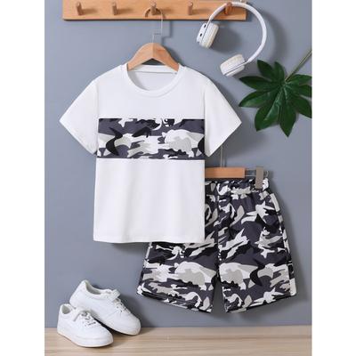 Sommer Kinder Set Cool Camouflage Bedrucktes Kurzarm Camouflage Shorts Anzug für Jungen und Mädchen, Schlichter, modischer und lässiger Stil
