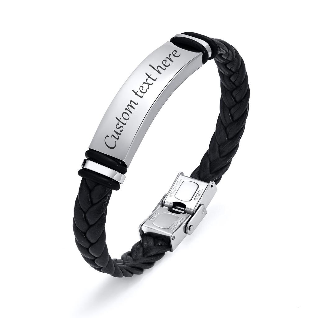 Men's Custom Text Here Leather Bracelets, Engraved Stainless Steel Blank Bar Leathers Bangle, New Simple Name Gift To Him