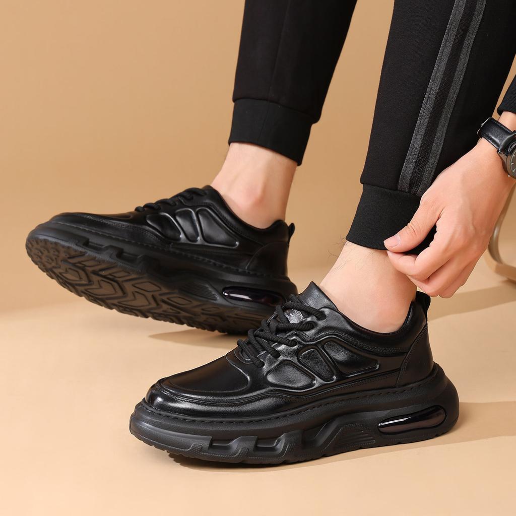 Men'S Shoes Autumn Leather Casual Sports Shoes Men'S Thick-Soled Lightweight Air Cushion Sole Heightening Black Dad Trendy Shoes