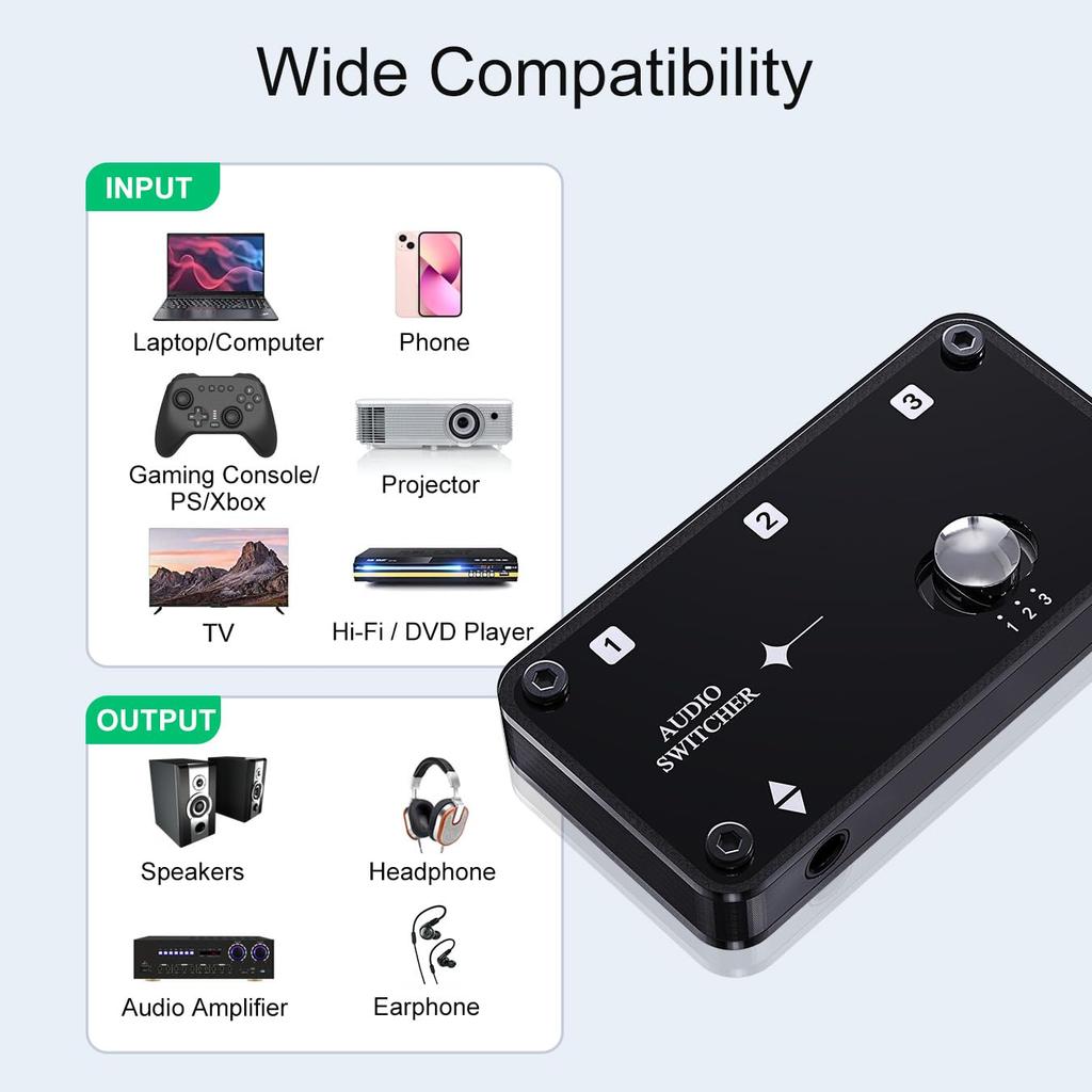 De COOIDEA Stereo Audio Switcher ondersteunt audiokabels en is een AUX audiokanaalwisselaar die 1 tot 3 uitgangen of 3 tot 1 compatibel is met en 3,5 mm 3,5 mm