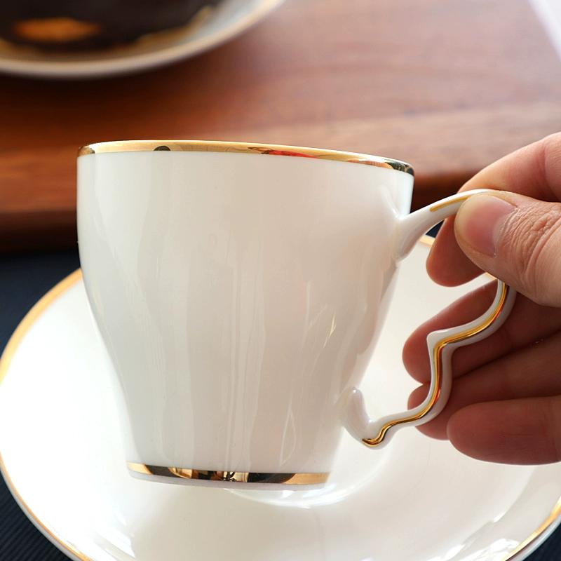 White Bone China Coffee Cup and Saucer, Lightweight Porcelain Espresso Cups with Gold Trim,Ceramic Tea Cup Coffee Mug,1 Set