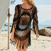 Hollow Out Tassel Cover Up for Women Crew Neck Three Quarter Sleeve Pure Color Soft Cover Up for