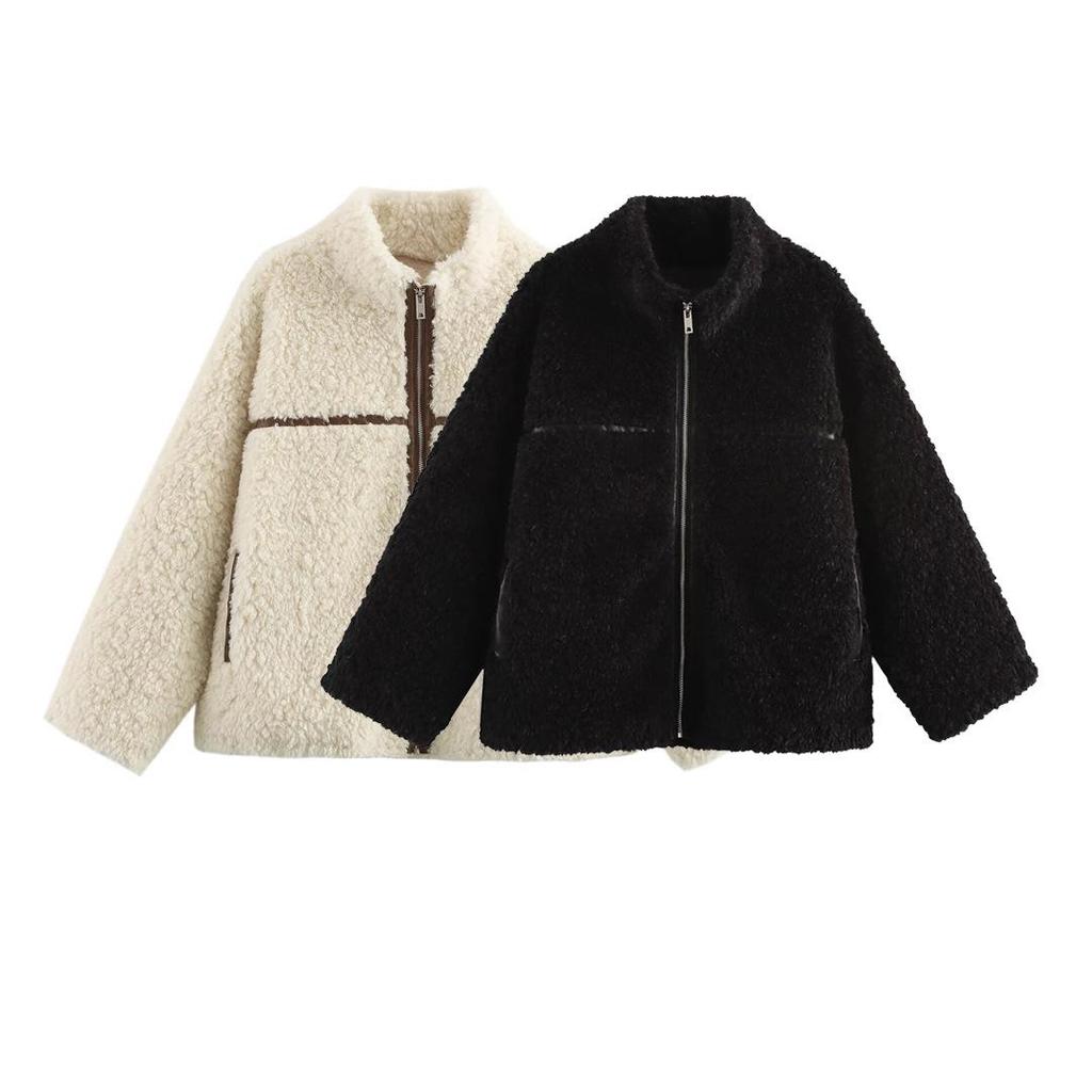 2024 Women's Winter Fashion Stand Collar Shearling Jacket with Zipper