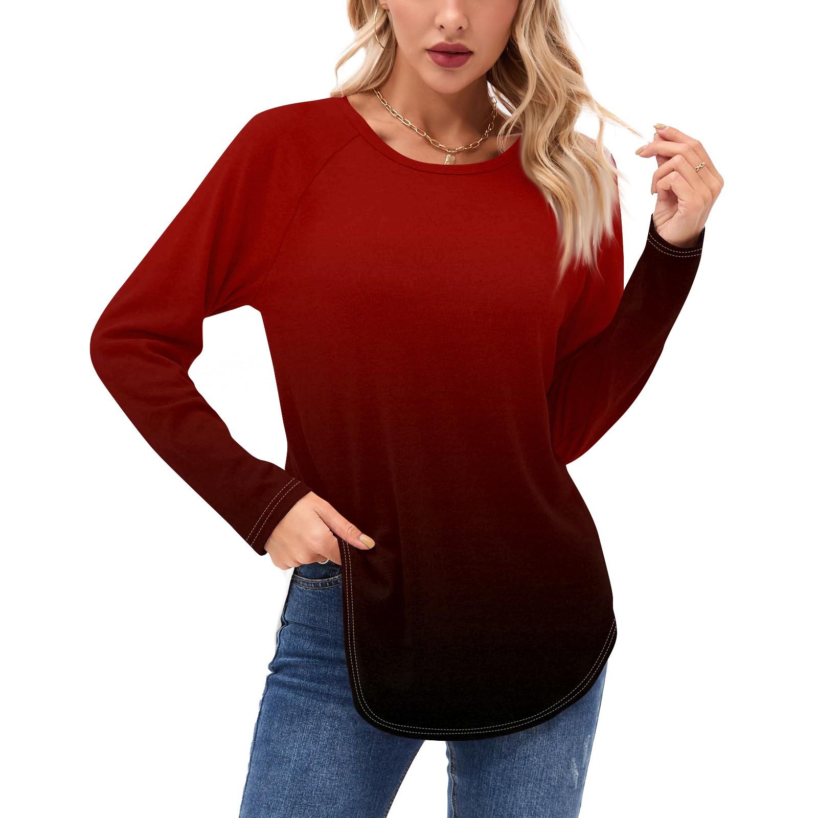 

Женские рубашки с длинным рукавом, повседневные, модные, с градиентным принтом, туники, топы, с круглым вырезом, базовая свободная футболка XL арбуз красный