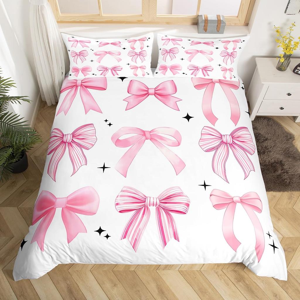 Pink Bowknot Duvet Cover Set Dreamy Princess Style Women Girl Soft Microfiber Bedding Set Pink Floral Queen King Comforter Cover