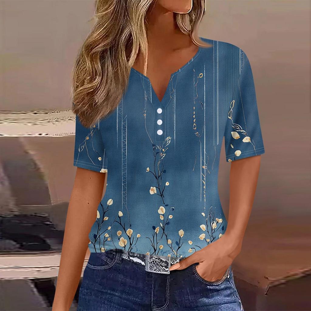 Women's T Shirt Tee Print Button Short Sleeve Tunic Daily Weekend Fashion Basic V- Neck Regular Top