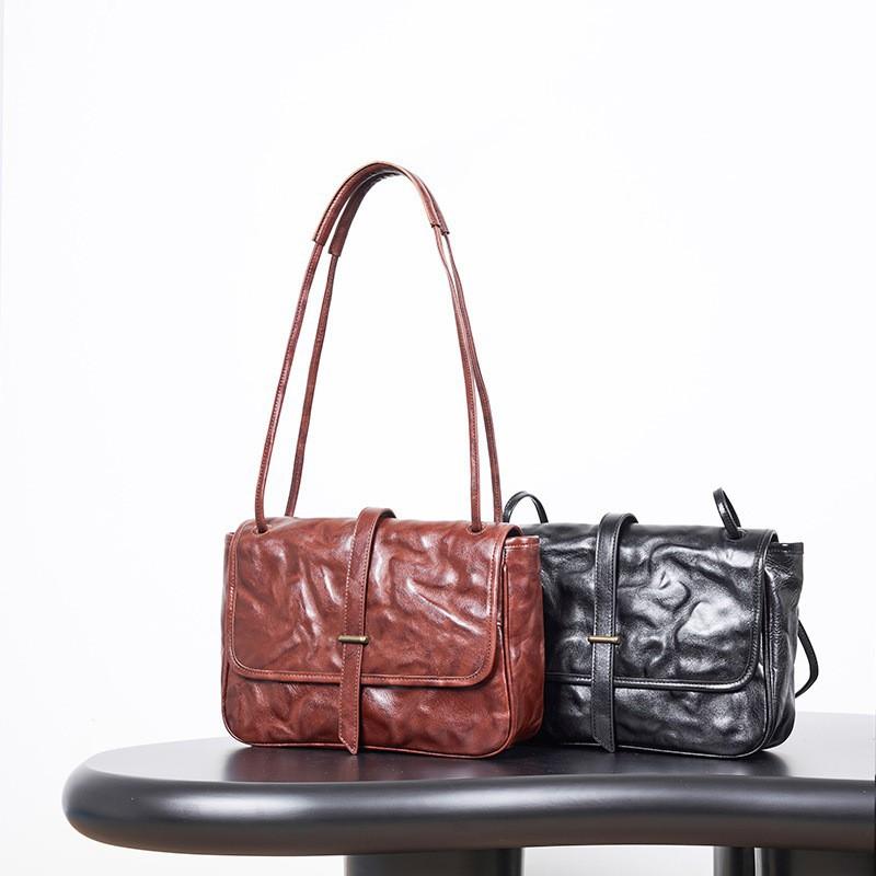Real Leather Women's Bag Commuting Shoulder Fashionable Retro Mailman Tree Cream Vegetable Tanned Cowhide Crossbody