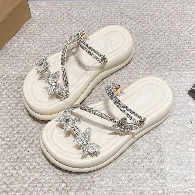 Fairy wind muffin thick-soled cool slippers female outer wear 2025 summer new round head rhinestone belt two wear flat sandals