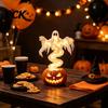 Decorazioni Lanterna da Giardino Fantasma Zucca di Halloween, Statuetta in Resina con Luce LED Calda, Piccole Statuette per Feste Girevoli Spettrali sulla Base, Da Tavolo