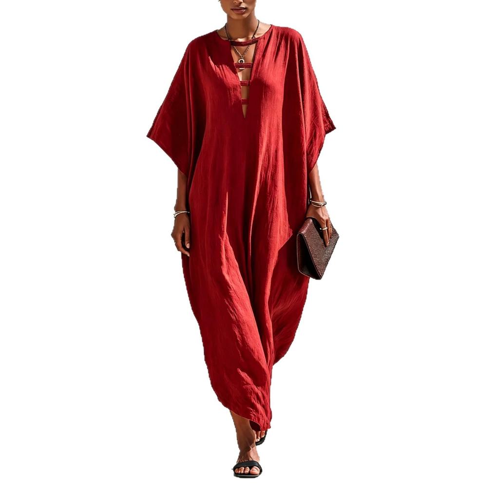 Summer round neck hollow dress solid color bat sleeve loose casual vacation style European beautiful woman long dress