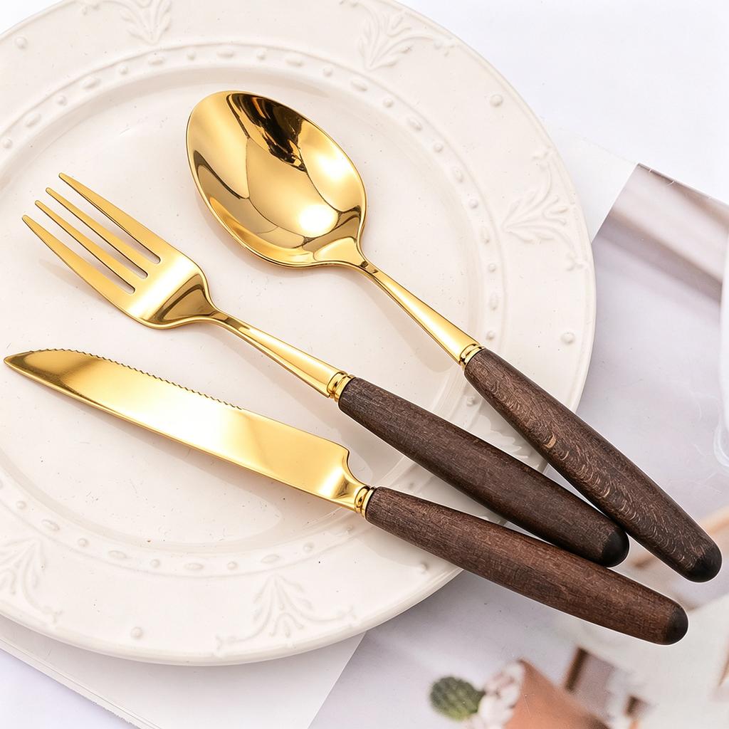 4/5pcs Western Wooden Handle Dinnerware Set Mirror Gold Stainless Steel Tableware Set Knife Fork Coffee Spoon Table Silverware