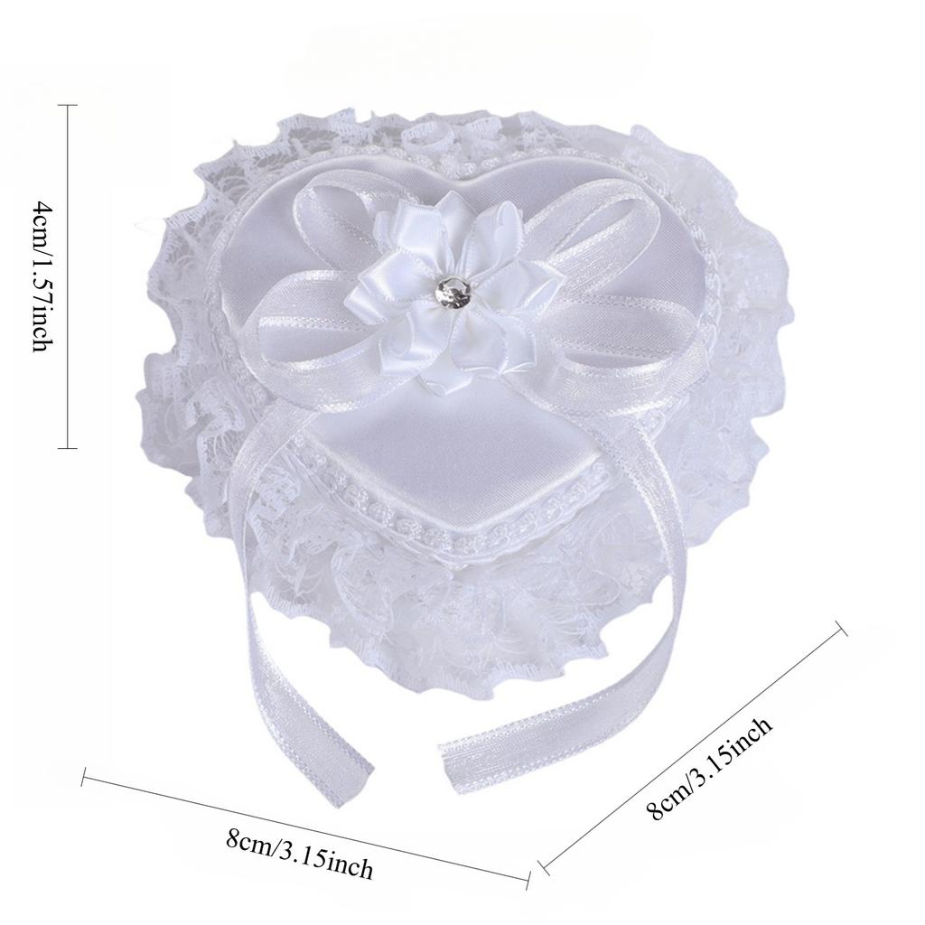 Wedding Ring Pillow Heart Box, White Romantic Lace Pearl Ring Box Holder with Ribbon for Wedding Ceremony Ring Bearer