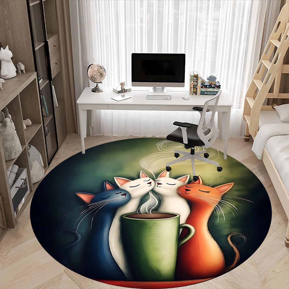 1pc Cats Coffee Office Round Area Rug, Indoor Mat Suitable ForOffice, Under Office Chairs Bedroom Living Room Home Decor, Room Deco  D042