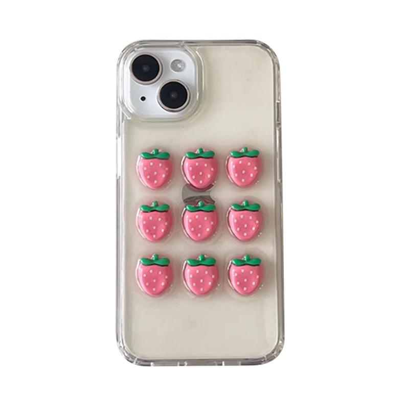 Epoxy Three-Dimensional Pink Strawberry Iphone16Promax Mobile Phone Case For Apple 15 Women 14 Transparent 17