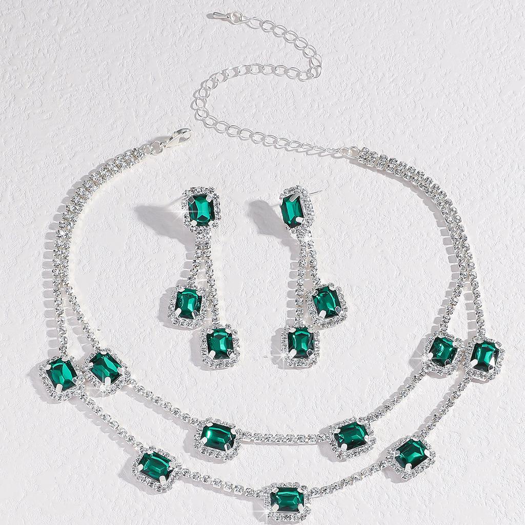 Emerald Diamond Zircon Square Tassel Earrings Court Earrings Necklace Light Luxury Wedding Two-piece Set