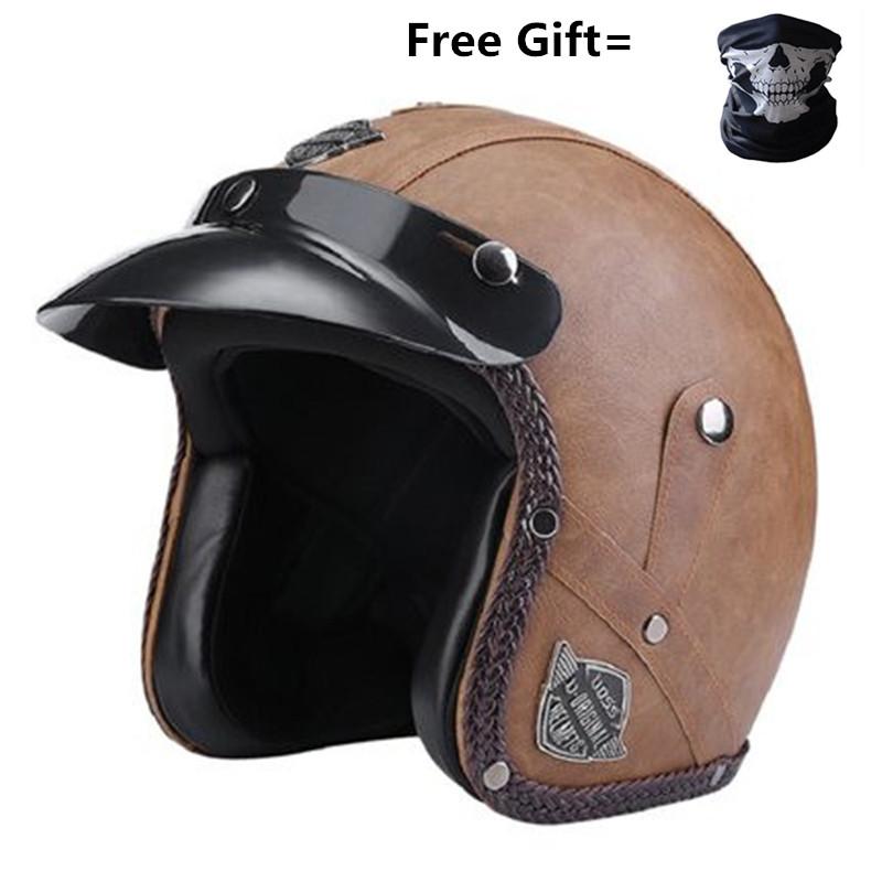 Retro Vintage Helmet Motorcycle 3/4 Open Face DOT approved visor PU leather Casco Moto Helmet Motocross helmets With Goggle Mask